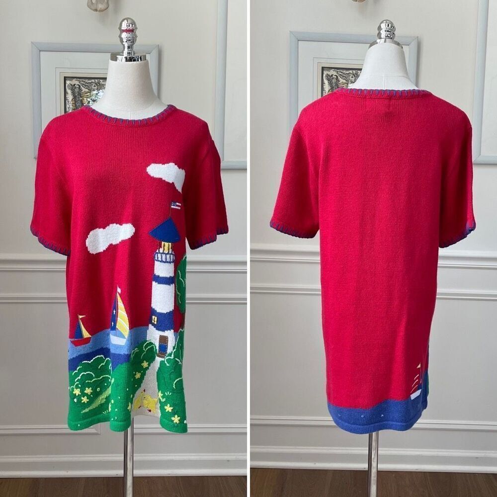 Vintage 90s Quacker Factory Summer Lighthouse Duck Short Sleeve Tunic Sweater XS